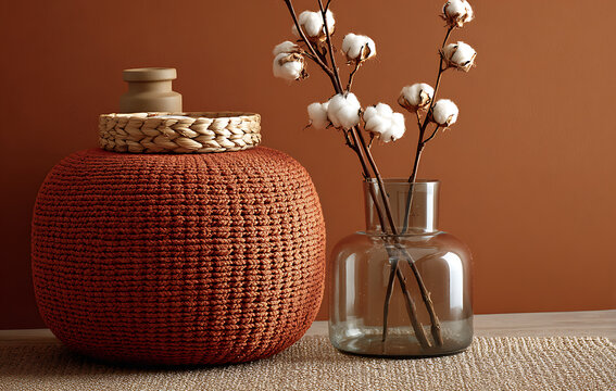 Seagrass basket with brick red boucle pouf and cotton stems