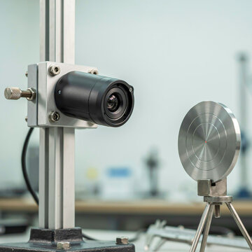 High-tech infrared camera mounted on a stand, focused on a metallic disk, suggesting scientific research or thermal imaging applications in a laboratory setting
