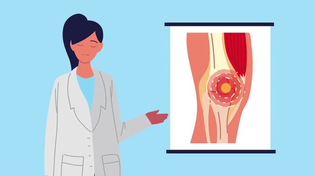Female doctor presenting knee pain and muscle inflammation with chart on blue background, medical animation.