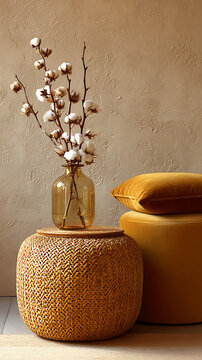 Wicker lidded basket with mustard velvet pouf and cotton stems