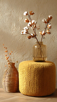Wicker lidded basket with mustard velvet pouf and cotton stems