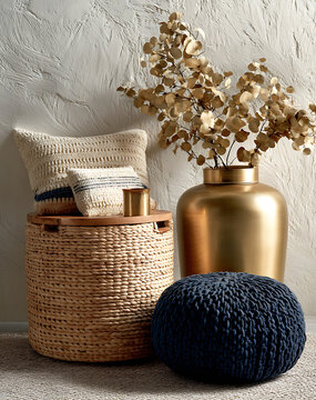 Wicker hamper with navy knit pouf gold vase and eucalyptus stems