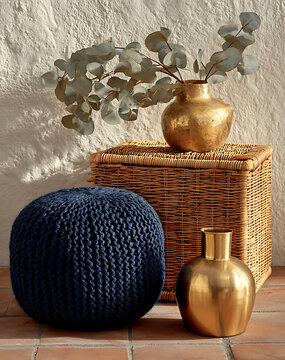 Wicker hamper with navy knit pouf gold vase and eucalyptus stems