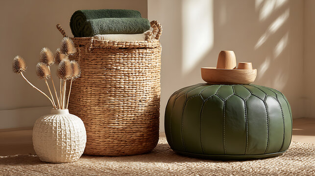 Tall woven basket with rolled towels and forest green pouf