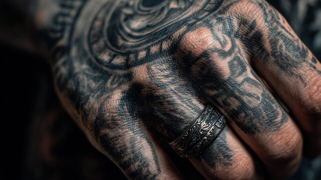 Heavily tattooed hand and knuckles with intricate blackwork.