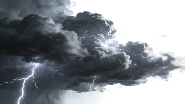 Dramatic lightning bolts striking through a towering storm cloud with heavy rain and bright flashes illuminating the dark sky