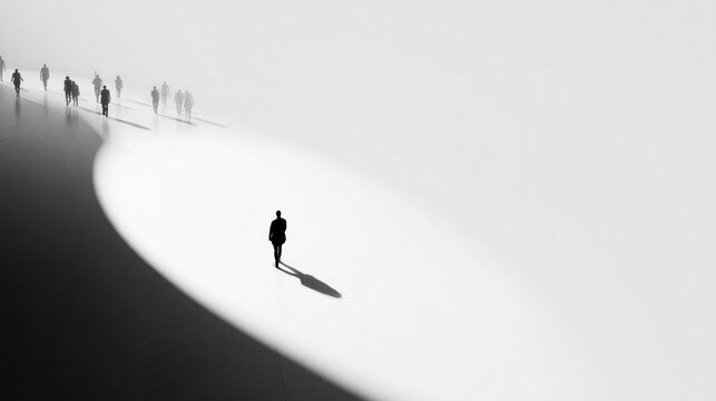 High-angle view of people silhouettes and long shadows on white.