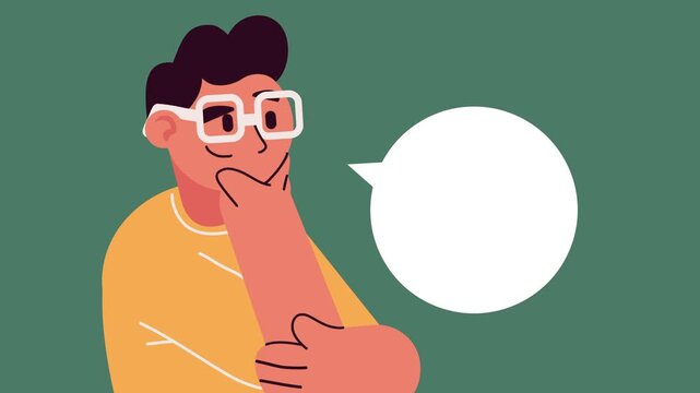 Animation of thoughtful young man with glasses and speech bubble on green background representing idea generation.