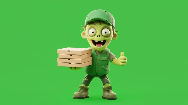 Zombie courier delivery guy holding pizza boxes on green background