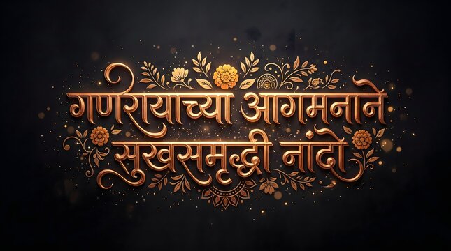 Golden Marathi Calligraphy Ganesh Chaturthi Prosperity Greeting