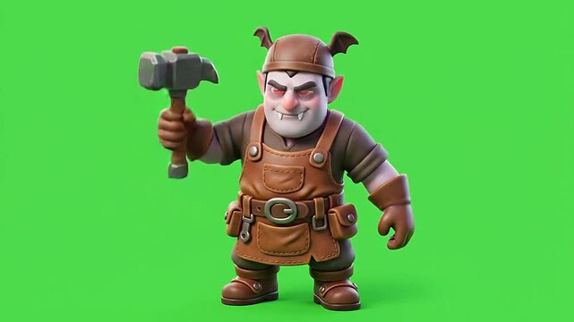 Halloween vampire goblin blacksmith holding a hammer on green screen