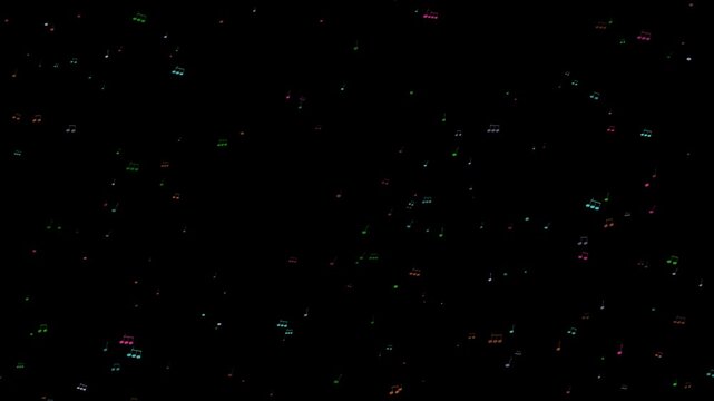 Colorful musical notes float across a dark abstract background in a seamless repeating pattern