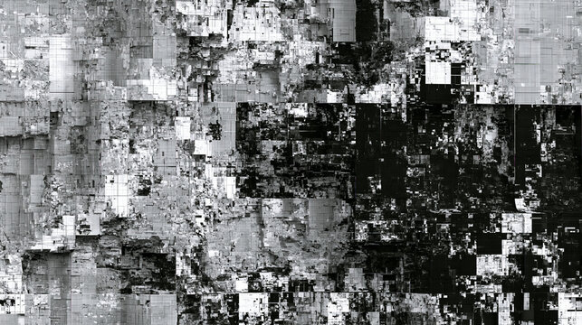 Black and white glitch texture with compression artifact blocks