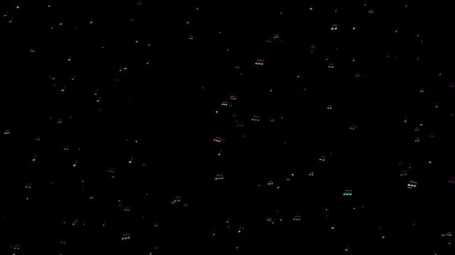 Glowing pixelated dots scattered across a dark space background creating a digital constellation effect with soft bokeh lights