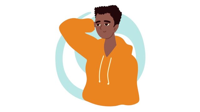 Animated young black man in orange hoodie looking around with hand on forehead.