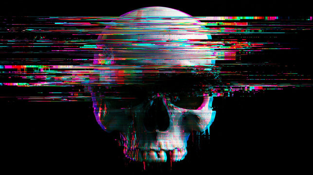 Cyberpunk skull glitch art with horizontal pixel streaks