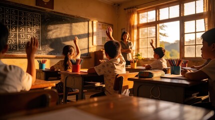 Fototapeta premium Young Students Learning Together in Classroom During Golden Hour Sunlight