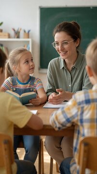 Smiling female teacher interacting with diverse students in a bright classroom setting