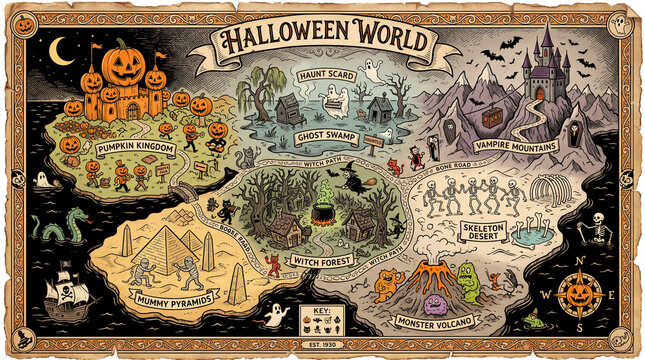 Halloween world map in illustration vintage style