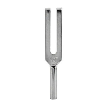Metallic tuning fork with c 128 hz frequency markings for sound therapy and acoustic calibration isolated on a transparent background