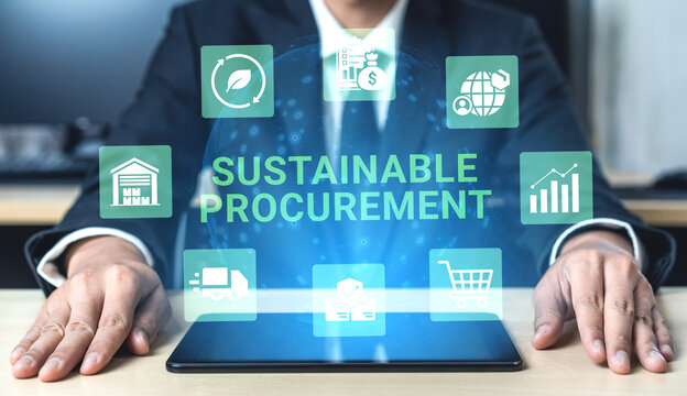 A businessman engages with digital icons focused on sustainable procurement strategies, highlighting eco-friendly practices and modern supply chain management techniques for future growth. Ledger
