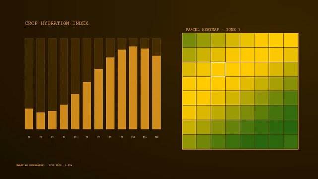 Digital displays showing precision irrigation monitoring data across multiple agricultural zones with shifting bar charts and color coded grid maps in a dark professional user interface