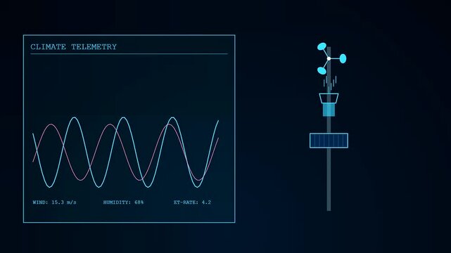 Digital displays showing precision irrigation telemetry with cycling wave graphs and rotating weather sensor icons captured in a sleek dark blue glowing interface for monitoring farms