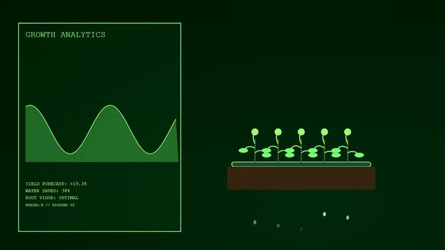 Digital displays showing precision irrigation systems monitoring plant growth cycle updates with wave charts and data metrics presented in a dark green glowing graphical user interface