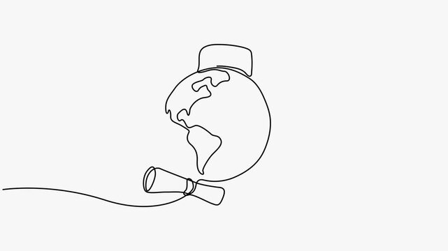 Continuous line art animation of planet Earth and a graduation diploma scroll on white background