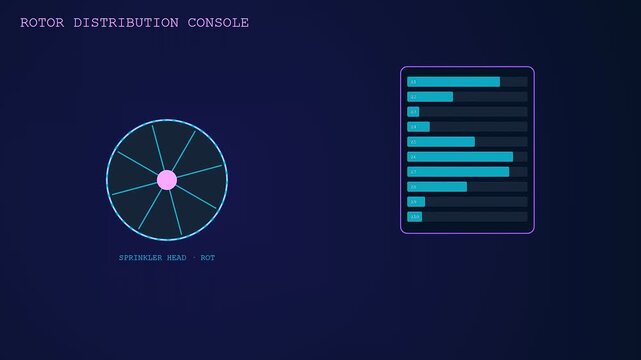 Precision irrigation data visualization appearing on a digital interface showing circular radar graphs with pulsing blue bars indicating flow rates and levels in real time