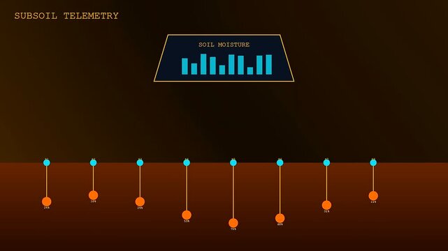 Digital displays showing precision irrigation sensors monitoring soil hydration levels across multiple subterranean points with glowing orange data nodes and blue graphic interface bars on screen