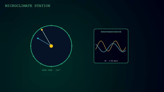 Digital data panels showing precision irrigation stats with rotating wind vanes and fluctuating sine wave graphs on a dark screen representing atmospheric agricultural sensor monitoring systems