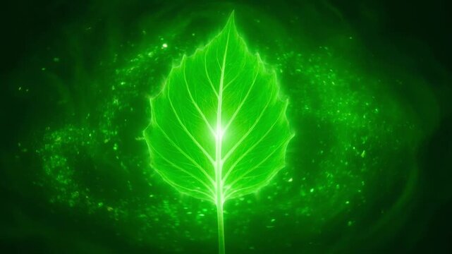Glowing green leaf with sparkling particles on dark background