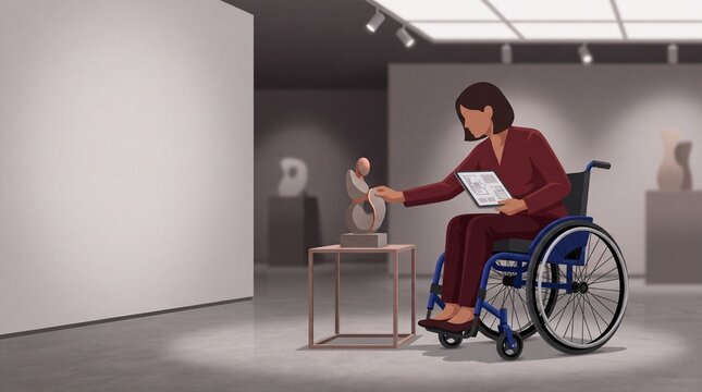 Woman in a wheelchair admiring a modern sculpture in an art gallery