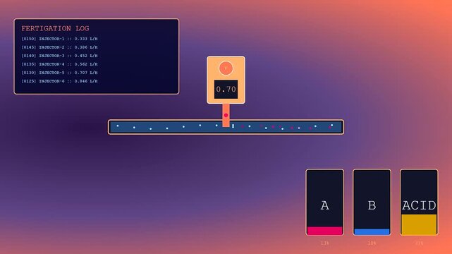 Precision irrigation monitoring interface showing digital liquid flow levels and real time sensor data logs on a dark gradient display for agricultural management software systems