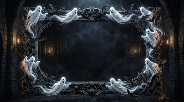 Spooky ghost frame with ornate gothic mirror border for Halloween background design
