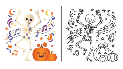 Fototapeta premium Dancing Skeleton and Pumpkins with Music Notes, Halloween Celebration