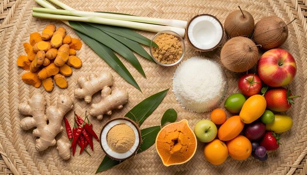 Top View Flat Lay of Traditional Indonesian Spices and Fresh Tropical Fruits on Woven Bamboo Tray