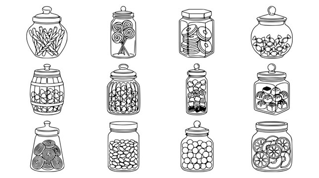 Collection of Hand Drawn Jars Filled with Various Foods, Isolated