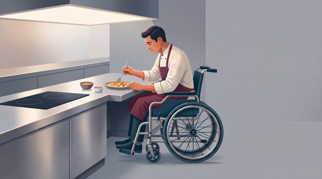 Man in a wheelchair preparing food in a modern home kitchen illustration
