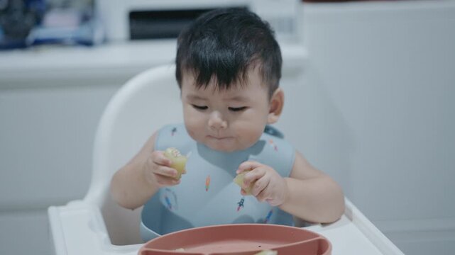 Asian Baby Using Finger to Feed Herself a Food with Baby Led Weaning Concept.Cute Asian baby boy eating finger food in high chair.