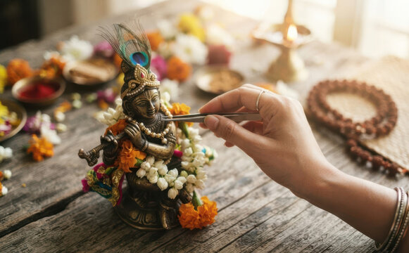 Woman hands decorating a brass idol of Hindu god Krishna with flowers and jewelry for worship ritual