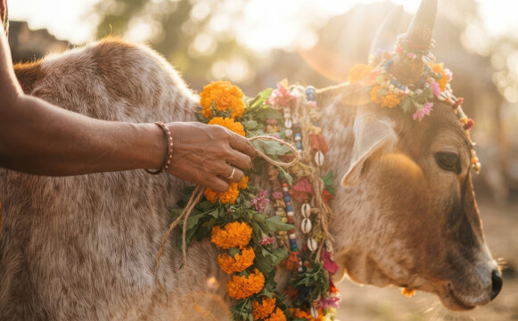 Decorated sacred zebu cow adorned with marigold flowers and colorful garlands during a traditional ritual in India