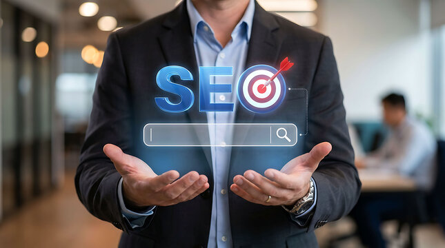 Businessman holding futuristic SEO optimization concept and digital search engine