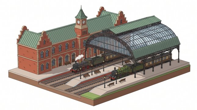 Isometric illustration of a classic Victorian era railway train station building