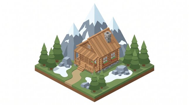 Isometric illustration of a rustic wooden log cabin in the mountains