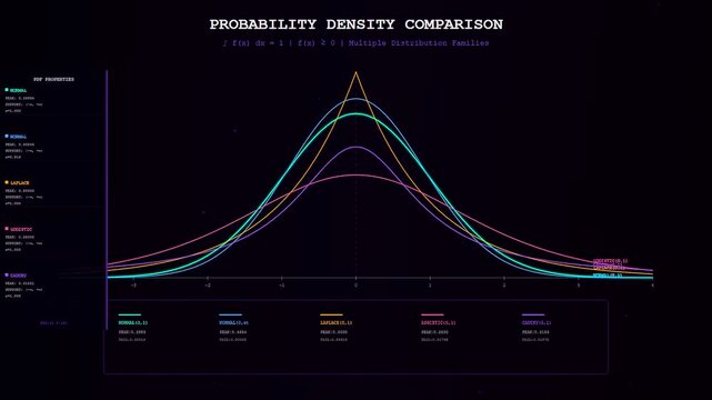 Probability modeling shown as a series of animated mathematical curves that transform across a dark screen while displaying statistical distributions and line graph data points