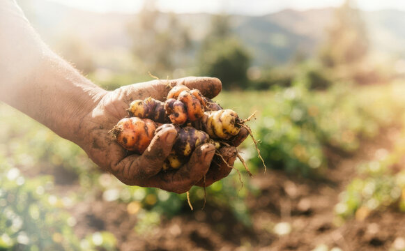 Farmer holding freshly harvested oca tubers in a field representing sustainable agriculture and root vegetables