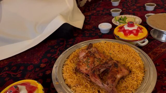 Traditional Arabian Grilled Chicken Madbi with Kabsa Rice Served on Platter