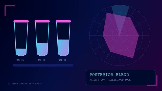 Probability modeling visual interface cycles through dynamic fluid levels and geometric radar plots to display statistical data updates on a dark blue digital user screen